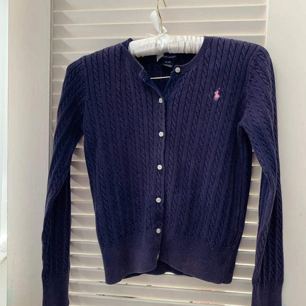 Ralph Lauren Navy Cable Knit Cardigan with Pink Pony